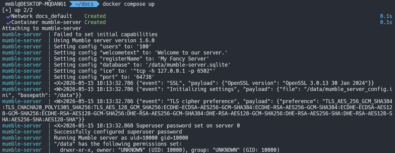 Terminal showing docker compose up starting the mumble-server container