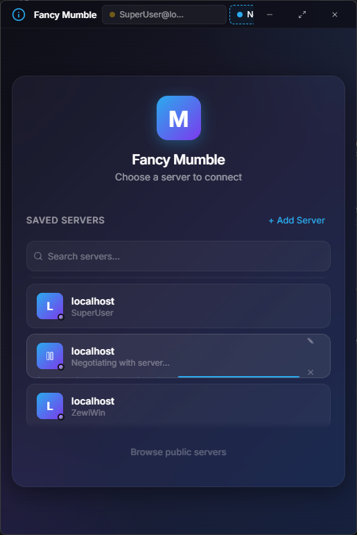 Connect screen with a server card mid-connection: the icon shows a pause symbol, the status reads 'Negotiating with server…', and a progress bar is visible below the card