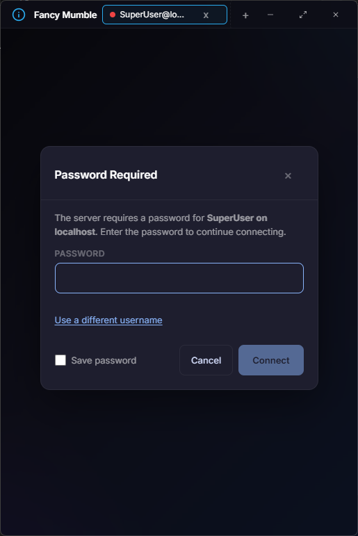 Password Required dialog. The message reads 'The server requires a password for SuperUser on localhost. Enter the password to continue connecting.' Below are a PASSWORD field, a Use a different username link, a Save password checkbox, and Cancel / Connect buttons