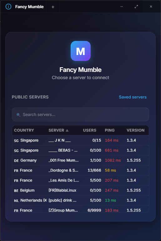 Public Servers view listing servers sorted by name with columns for Country, Server, Users, Ping (colour-coded green to red), and Version. A search bar sits above the table and a Saved servers link is in the top-right corner