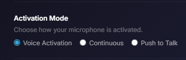 Voice panel with the three activation mode radio options