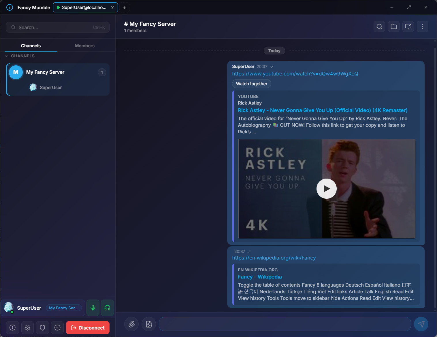 Chat message with a link-preview card showing title, snippet, and image