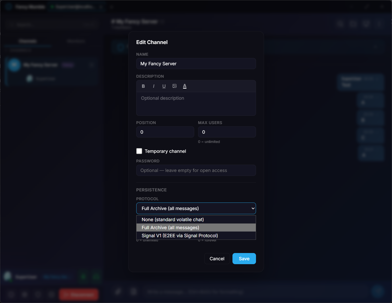 Per-channel persistent chat settings tab