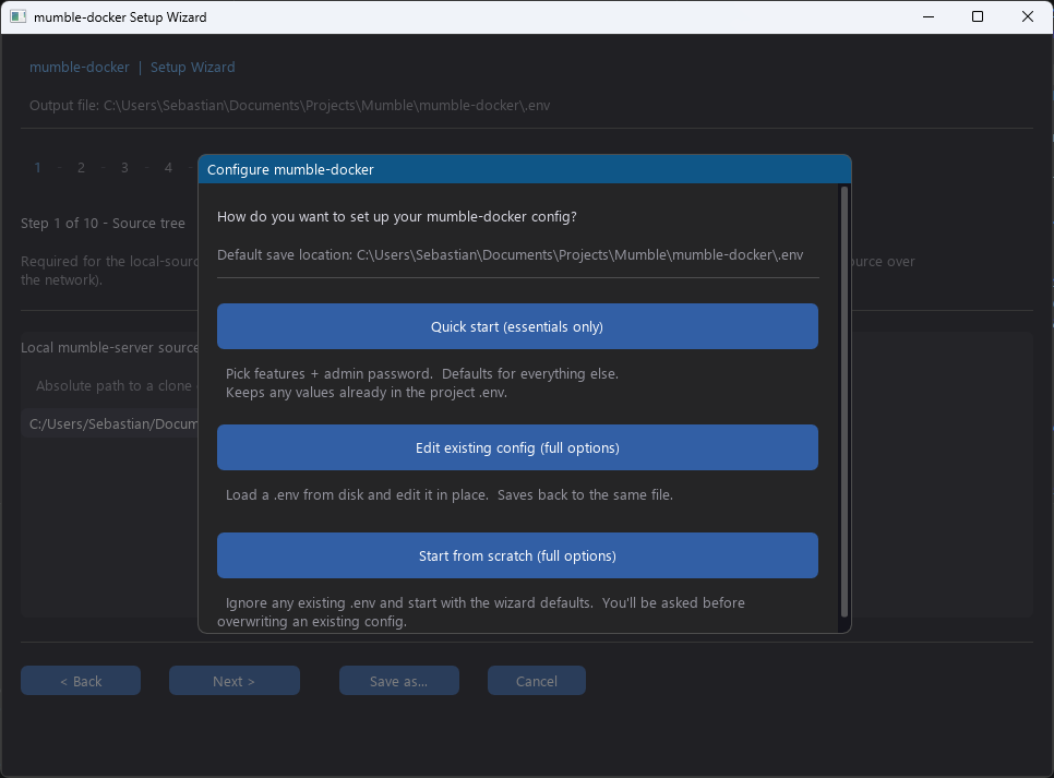 Setup wizard GUI on the third step