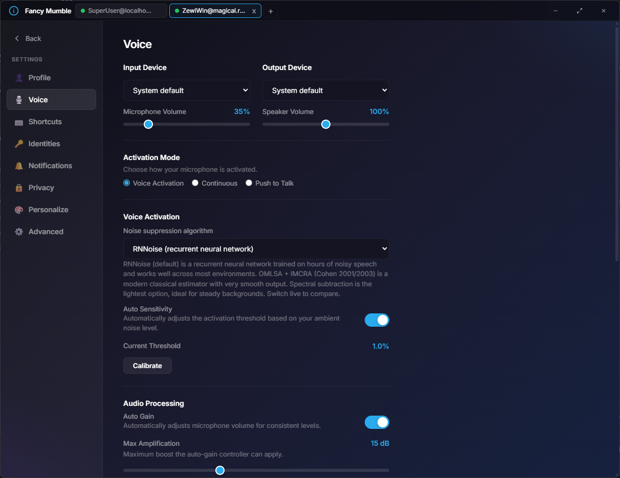 Voice settings panel showing input/output device dropdowns, activation mode radio buttons (Voice Activation selected), noise suppression algorithm dropdown set to RNNoise, Auto Sensitivity toggle, Current Threshold readout, Calibrate button, and Auto Gain controls