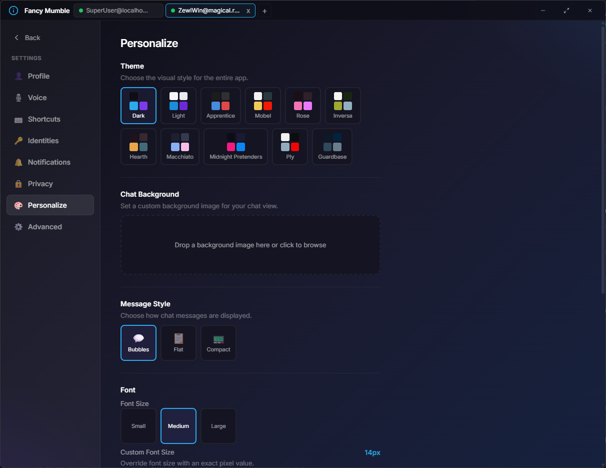Profile settings panel showing identity selector, default username field, avatar and banner editors, and bio text editor with a live preview card on the right