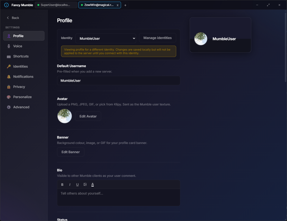 Profile settings panel showing an Identity dropdown set to MumbleUser, a Default Username field, Avatar section with a circular thumbnail and Edit Avatar button, Banner section with Edit Banner button, and a Bio rich-text editor. A preview card on the right shows the avatar and username.