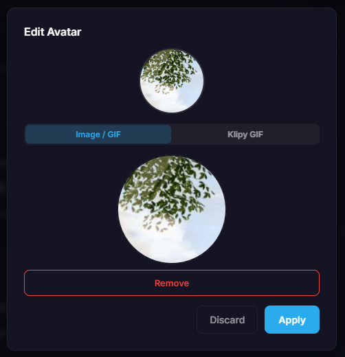Edit Avatar dialog with a small circular preview at the top, Image / GIF and Klipy GIF tabs, a large circular crop preview in the centre, a Remove button, and Discard / Apply buttons