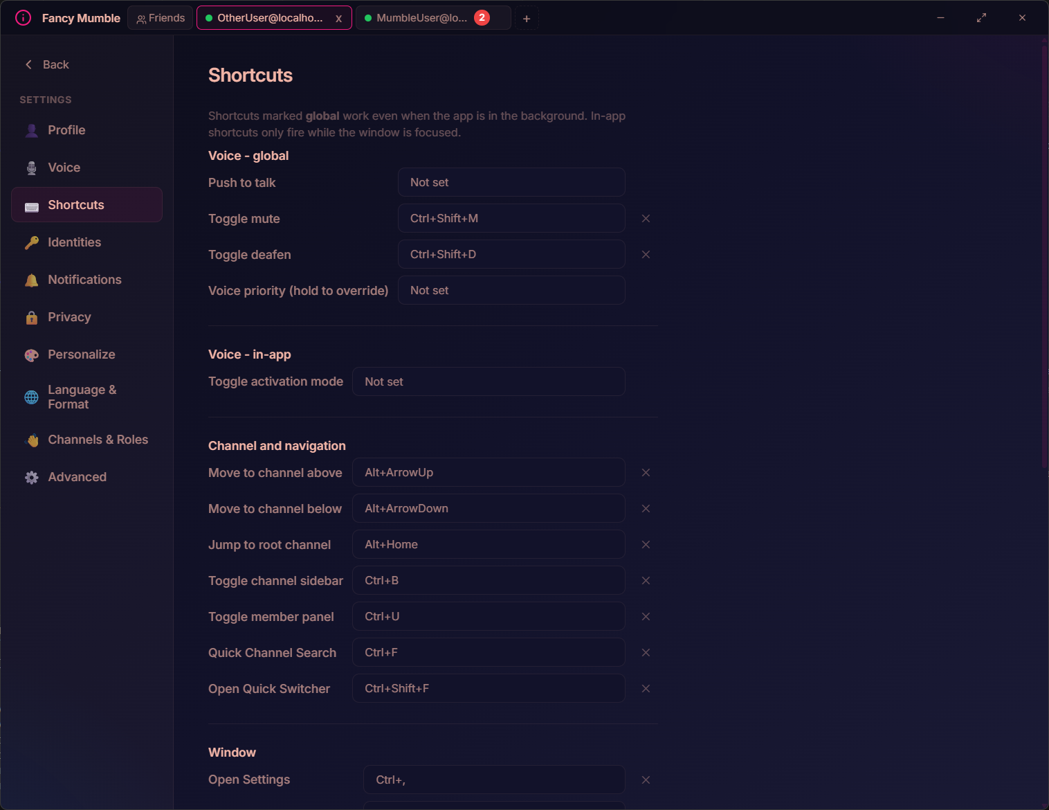 Fancy Mumble shortcuts panel with bound keys